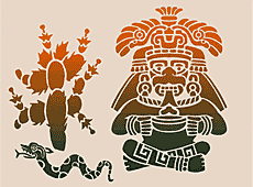 Gott und Kaktus (Schablonen mit der Azteken und Maya-Symbole)