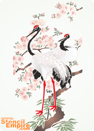 Kraniche und Sakura - Schablone für die Dekoration