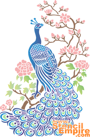 Pfau und Kirschblütenbäumen (Schablonen für Blumen zeichnen)