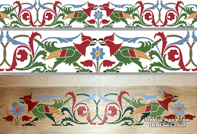 Bordürenmotiv mit Hähne im mittelalterlichen Stil  - Schablone für die Dekoration
